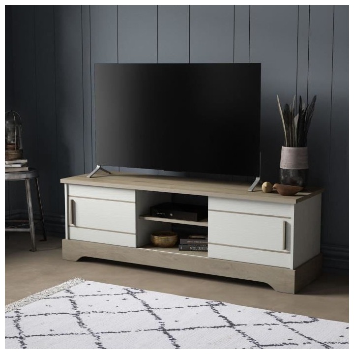 Banc TV - 2 portes coulissantes - mélamine blanc structuré et chene