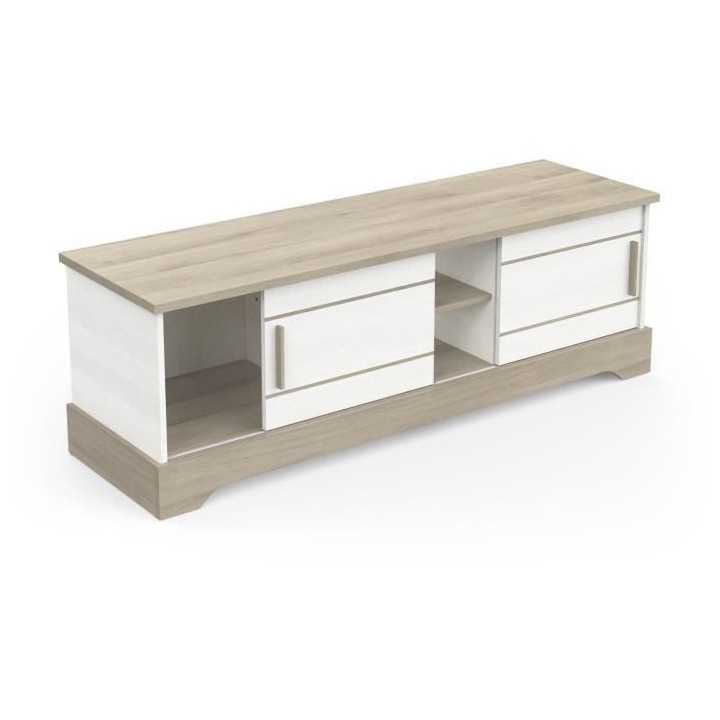 Banc TV - 2 portes coulissantes - mélamine blanc structuré et chene
