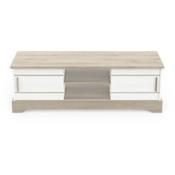 Banc TV - 2 portes coulissantes - mélamine blanc structuré et chene kronberg - L 150 x P 45 x H 50 cm - Cottage