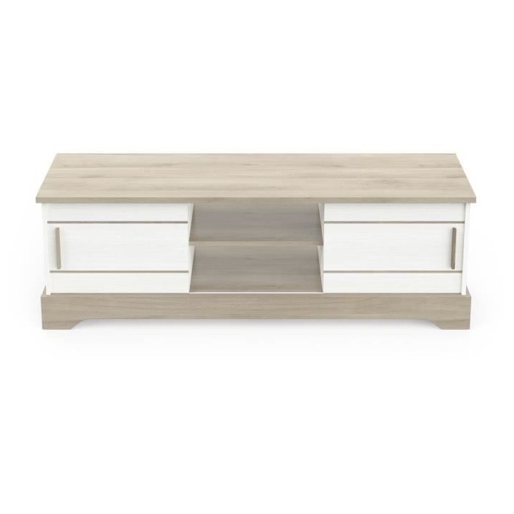 Banc TV - 2 portes coulissantes - mélamine blanc structuré et chene
