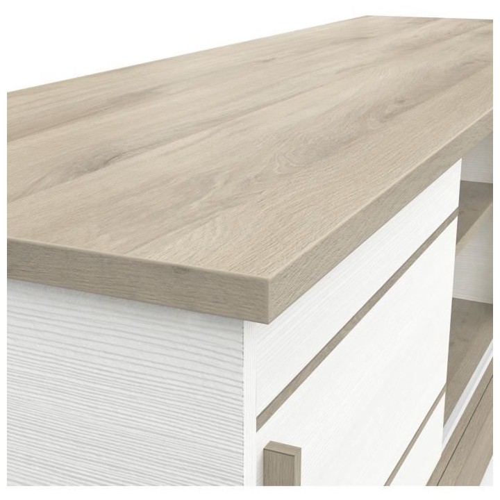 Banc TV - 2 portes coulissantes - mélamine blanc structuré et chene