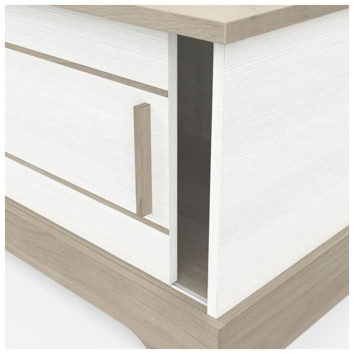 Banc TV - 2 portes coulissantes - mélamine blanc structuré et chene