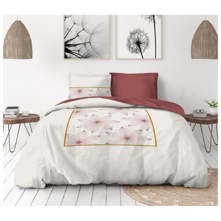 LE TRAIT Parure de couette Percale de Coton - Rose - 240x260 cm