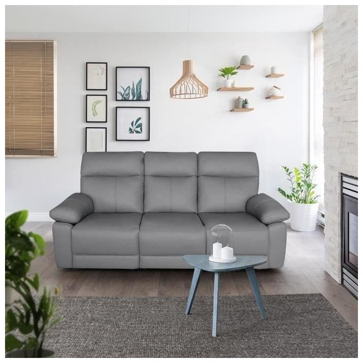 Canapé 3 places relax électrique - Cuir gris - L 222 x P 98 x H 103