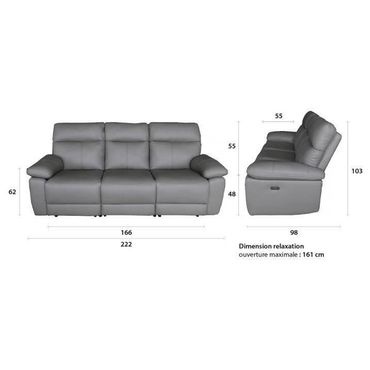 Canapé 3 places relax électrique - Cuir gris - L 222 x P 98 x H 103