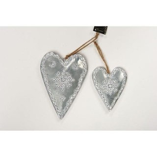 Set de 2 suspensions coeur déco de Noël - H 14-20 cm - Argent