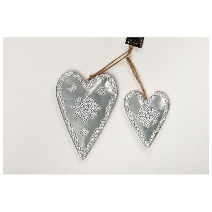 Set de 2 suspensions coeur déco de Noël - H 14-20 cm - Argent