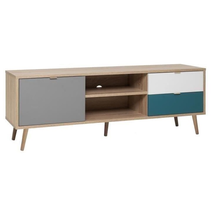 Meuble TV scandinave CUBA - Décor chene, gris, blanc et bleu pétrole