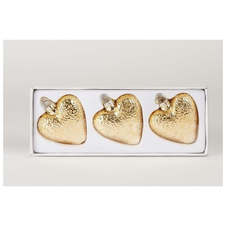 Set de 3 suspensions coeur déco de Noël - H 8 cm - Or