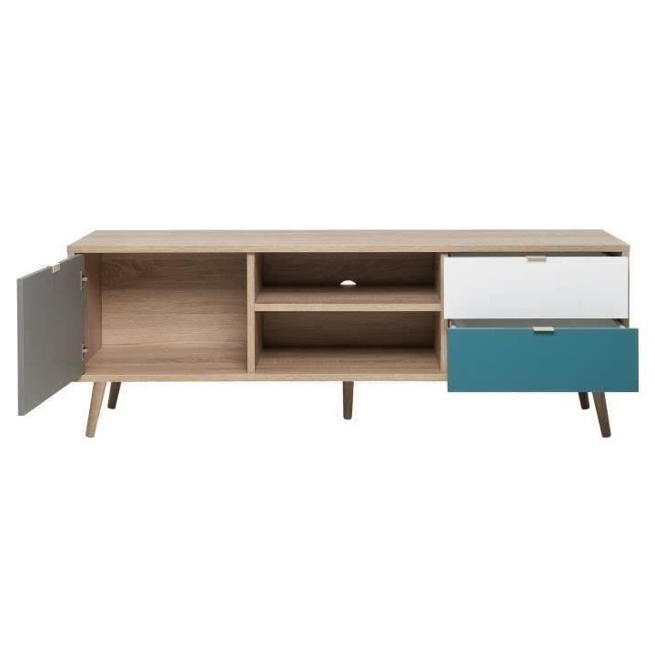 Meuble TV scandinave CUBA - Décor chene, gris, blanc et bleu pétrole