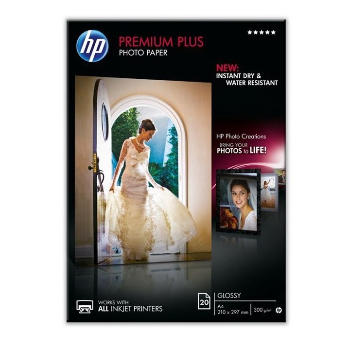 Papier photo HP Premium Plus, brillant, 300 g/m2, A4, 20 feuilles (CR6