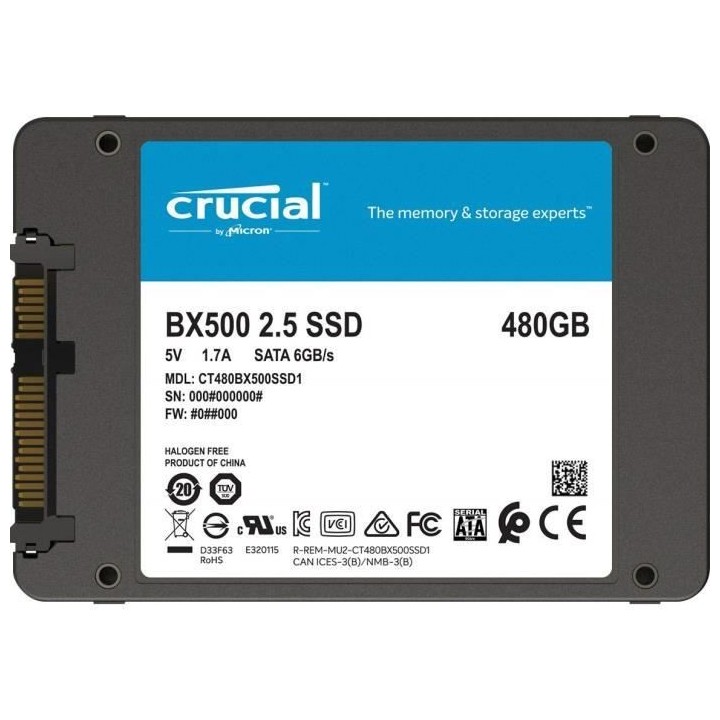 CRUCIAL - Disque SSD Interne - BX500 - 480Go - 2,5 pouces (CT480BX500S