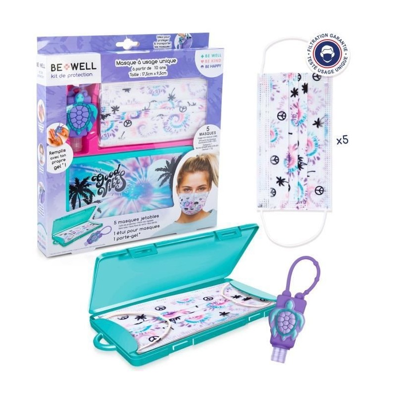 BE WELL Kit de Protection Tie Dye - Prévention complet : Masques jetables pour enfants10+ ans, étui et porte-gel