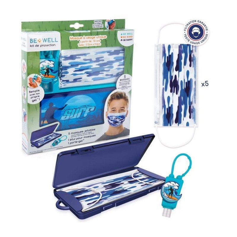 BE WELL Kit de Protection Surf - Prévention complet : Masques jetables pour enfants 10+ ans, étui et porte-gel