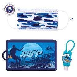 BE WELL Kit de Protection Surf - Prévention complet : Masques jetables pour enfants 10+ ans, étui et porte-gel