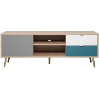 Meuble TV scandinave CUBA - Décor chene, gris, blanc et bleu pétrole