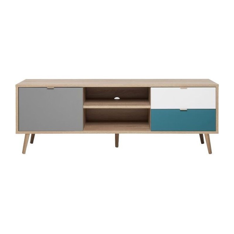 Meuble TV scandinave CUBA - Décor chene, gris, blanc et bleu pétrole - 1 Porte - L 150 x P 40 x H 52 cm