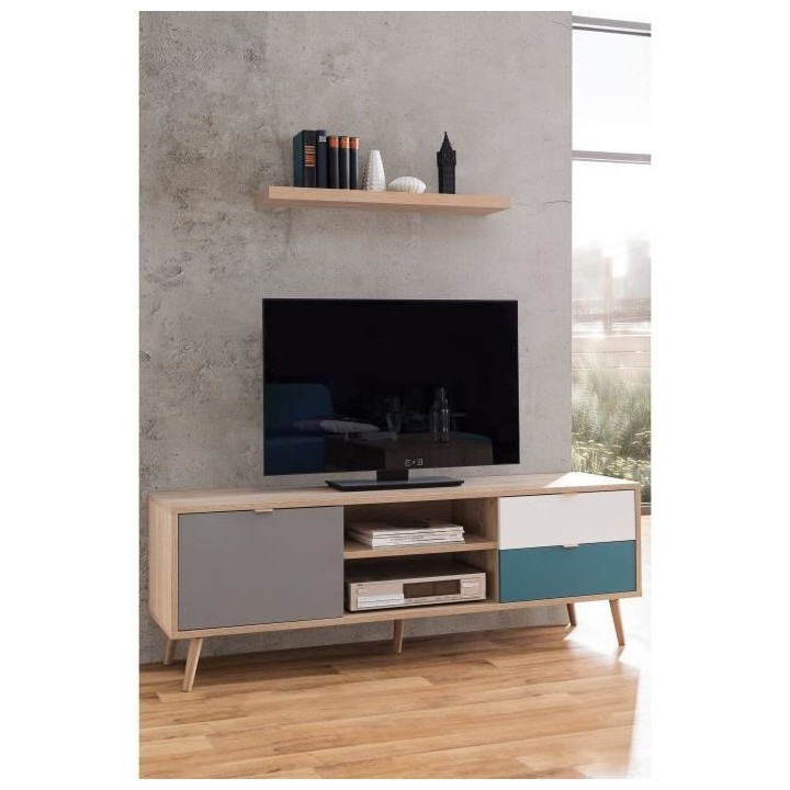 Meuble TV scandinave CUBA - Décor chene, gris, blanc et bleu pétrole