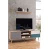 Meuble TV scandinave CUBA - Décor chene, gris, blanc et bleu pétrole - 1 Porte - L 150 x P 40 x H 52 cm