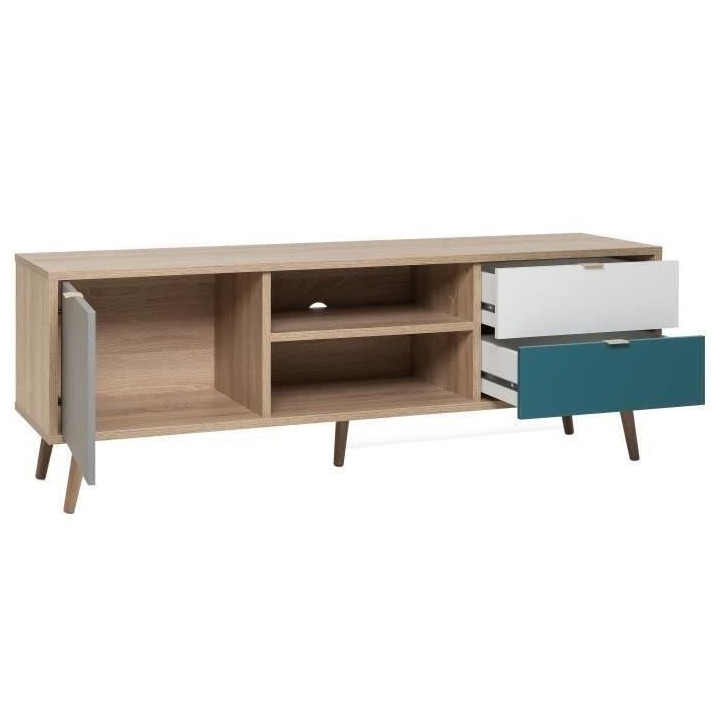 Meuble TV scandinave CUBA - Décor chene, gris, blanc et bleu pétrole