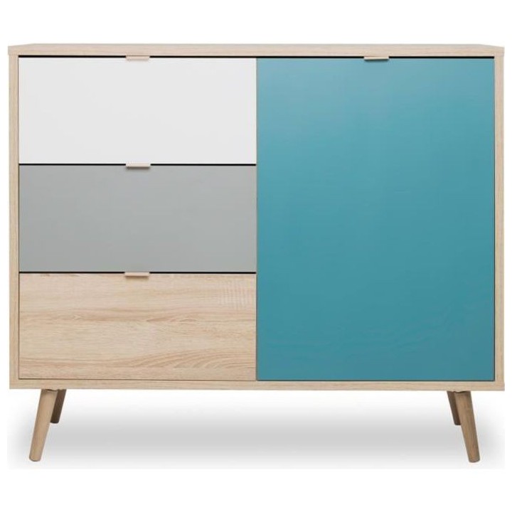 Meuble de rangement - Chene, gris et bleu pétrole - Scandinave - CUBA