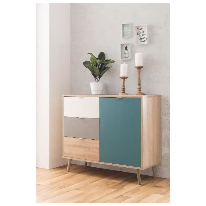 Meuble de rangement - Chene, gris et bleu pétrole - Scandinave - CUBA