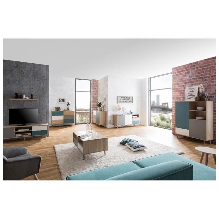 Meuble de rangement - Chene, gris et bleu pétrole - Scandinave - CUBA