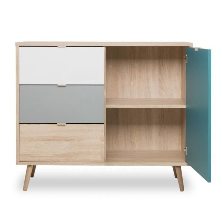 Meuble de rangement - Chene, gris et bleu pétrole - Scandinave - CUBA