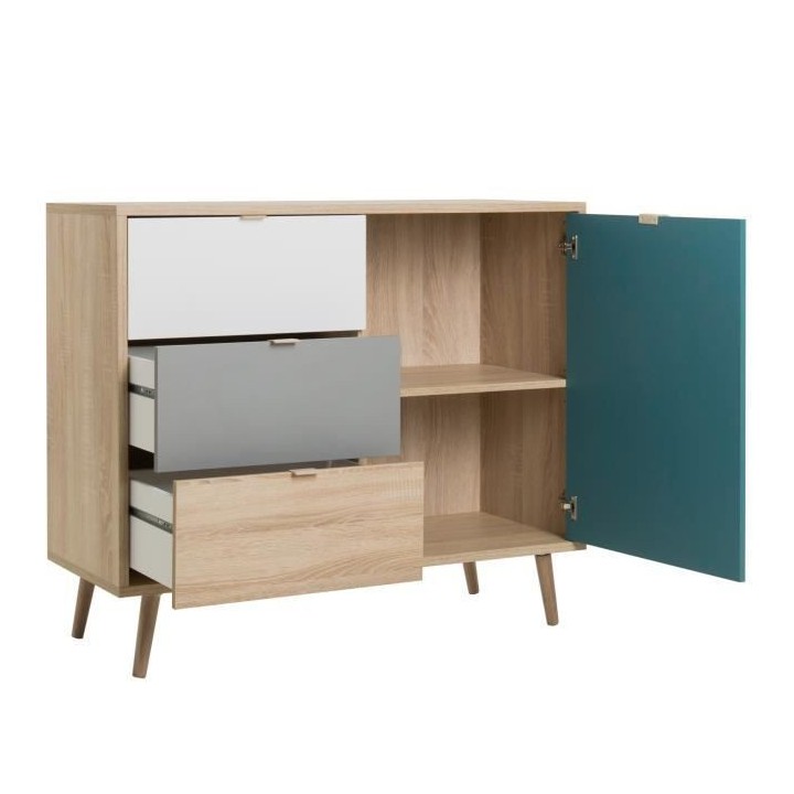 Meuble de rangement - Chene, gris et bleu pétrole - Scandinave - CUBA