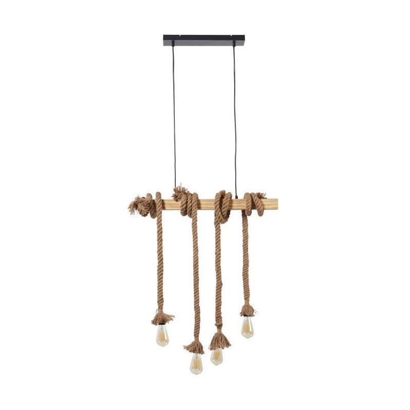 DETROIT Suspension industrielle 4 tetes - Métal - 71 x 15x 10 cm - Corde et bois - Ampoules fournies