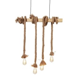 DETROIT Suspension industrielle 4 tetes - Métal - 71 x 15x 10 cm - Corde et bois - Ampoules fournies