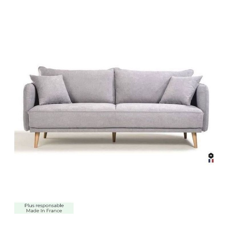 Canapé Fixe 3 places DAREN -Tissu Gris clair - Style scandinave -2 Coussins Déco - L 207 x P 90 x H 88 cm