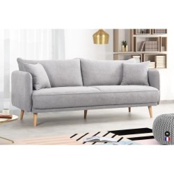 Canapé Fixe 3 places DAREN -Tissu Gris clair - Style scandinave -2 Coussins Déco - L 207 x P 90 x H 88 cm