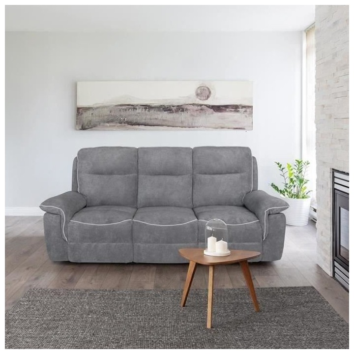 Canapé 3 places dont 2 relax manuelles - Tissu gris foncé et gris cl