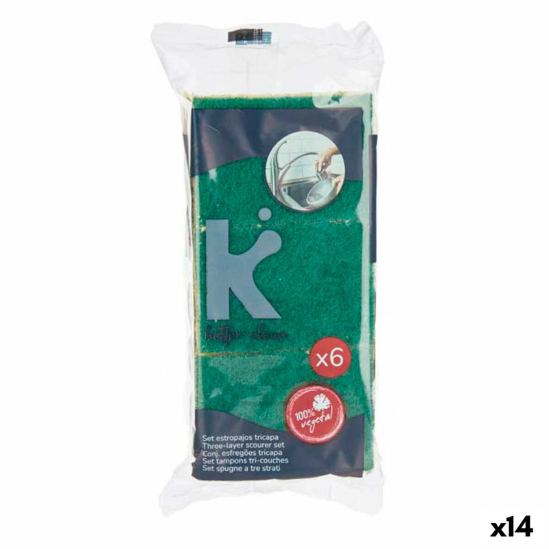 Lot de tampons à récurer Fibre abrasive Vert Jaune Cellulose (14 Unités)