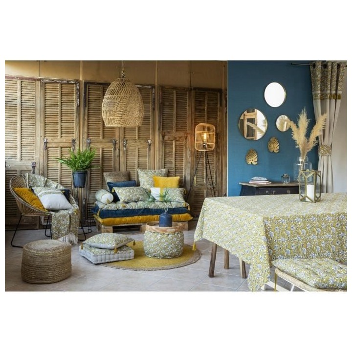 Rideau imprimé oeillets + embrasse Udaipur - Jaune - 100% coton - 135