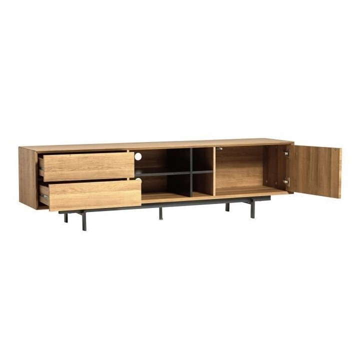 Meuble TV 1 porte et 2 tiroirs - Chene wenge et noir - L 180 x P 40 x