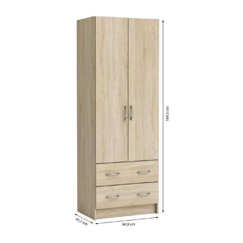 DEMEYERE Armoire - Décor chene brossé - 2 portes et 2 tiroirs - Classique - Chambre - L 61 cm - DUAL