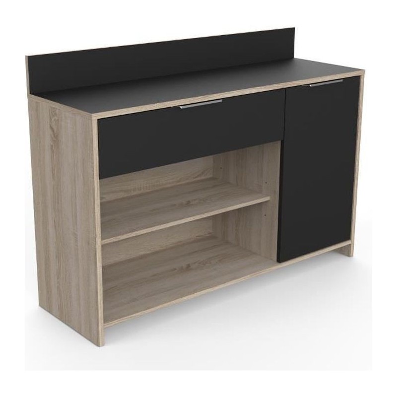 Buffet de cuisine - Décor chene brut et noir - Contemporain - 1 porte - MIKE - L 123 cm