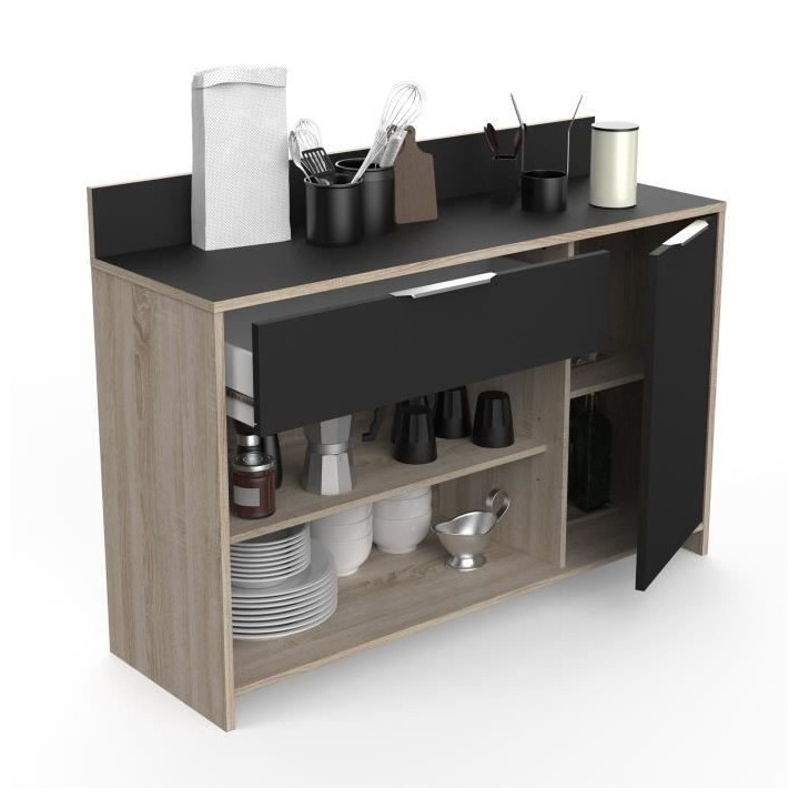 Buffet de cuisine - Décor chene brut et noir - Contemporain - 1 porte