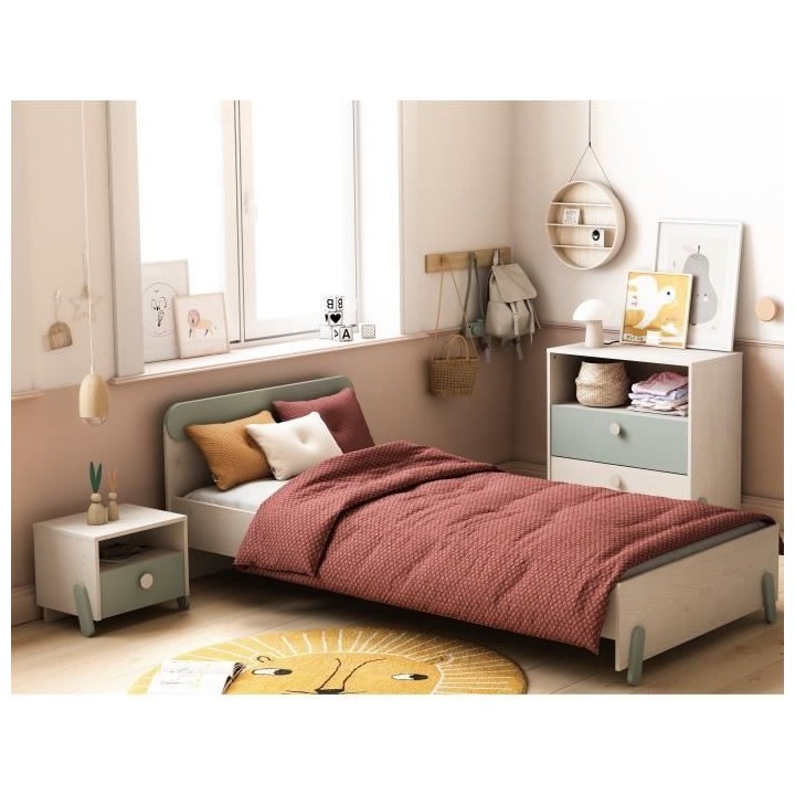 Chambre complete ILIAN : Lit + chevet + commode - Style scandinave - D