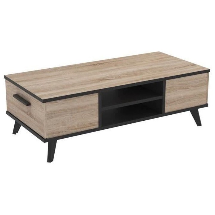 WAYNE Table basse - Décor chene brossé et noir mat - Contemporain -