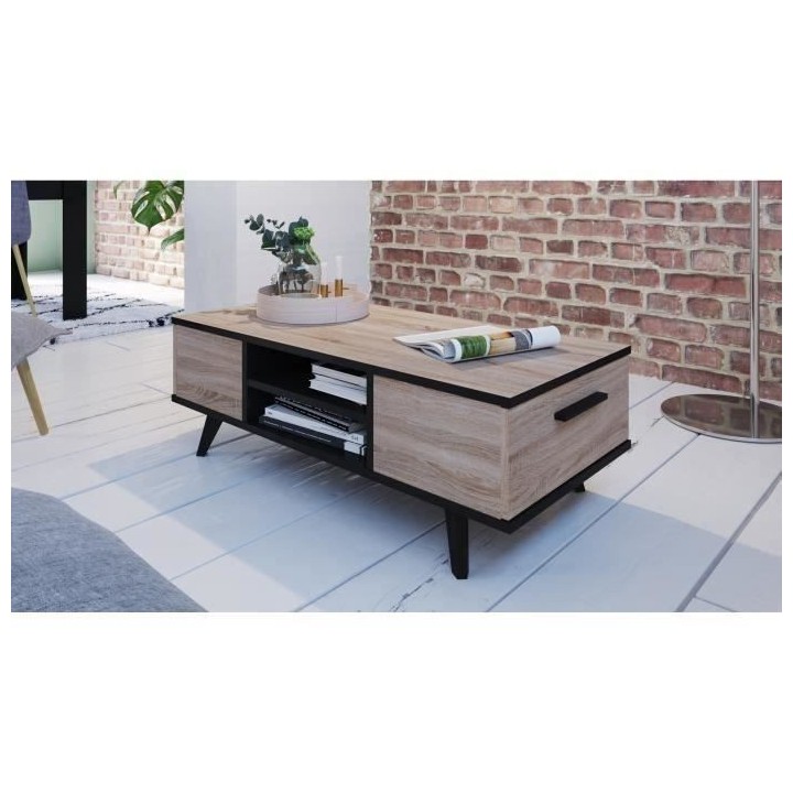 WAYNE Table basse - Décor chene brossé et noir mat - Contemporain -