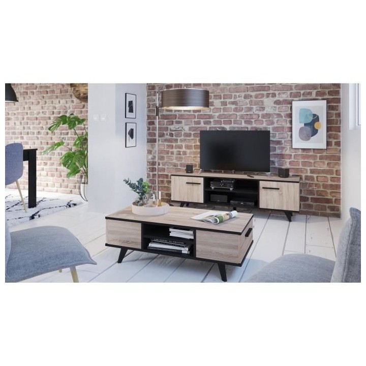 WAYNE Table basse - Décor chene brossé et noir mat - Contemporain -