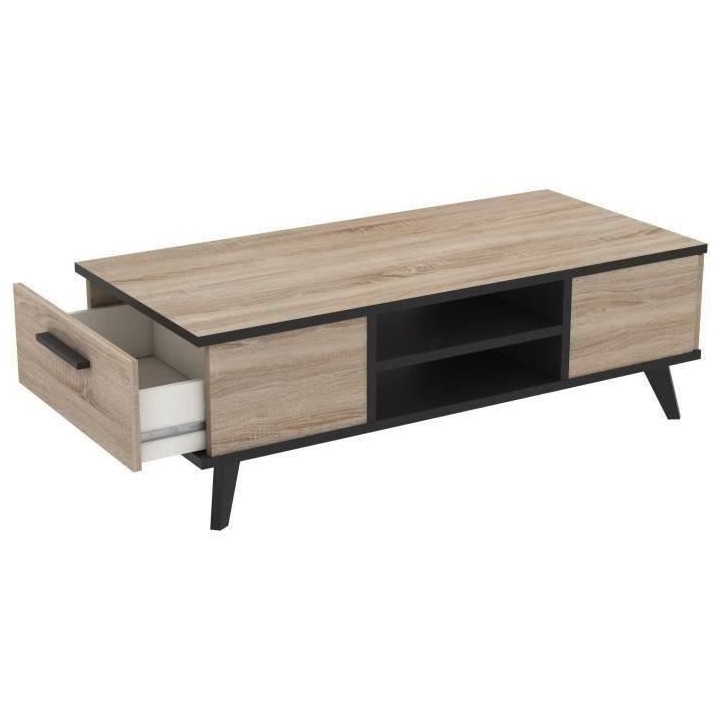 WAYNE Table basse - Décor chene brossé et noir mat - Contemporain -