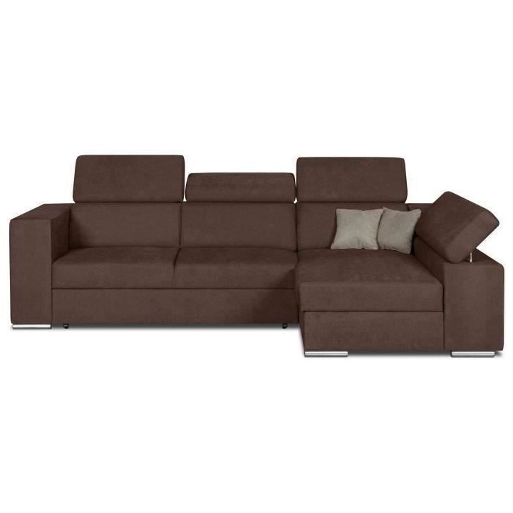 Canapé d'angle droit convertible 4 places - Tissu marron - L 274 x P