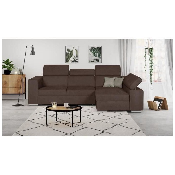 Canapé d'angle droit convertible 4 places - Tissu marron - L 274 x P