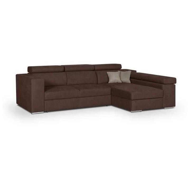 Canapé d'angle droit convertible 4 places - Tissu marron - L 274 x P