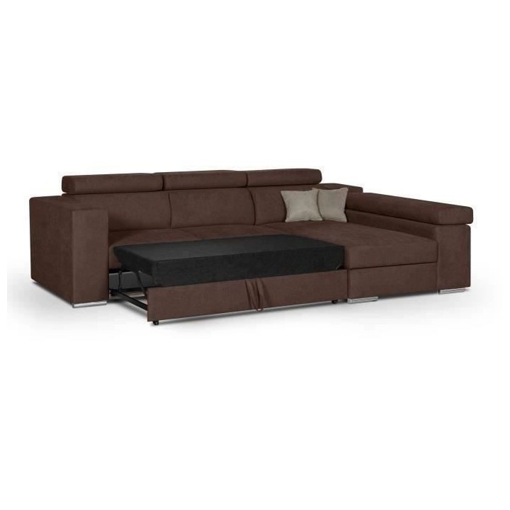 Canapé d'angle droit convertible 4 places - Tissu marron - L 274 x P
