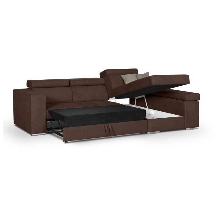 Canapé d'angle droit convertible 4 places - Tissu marron - L 274 x P